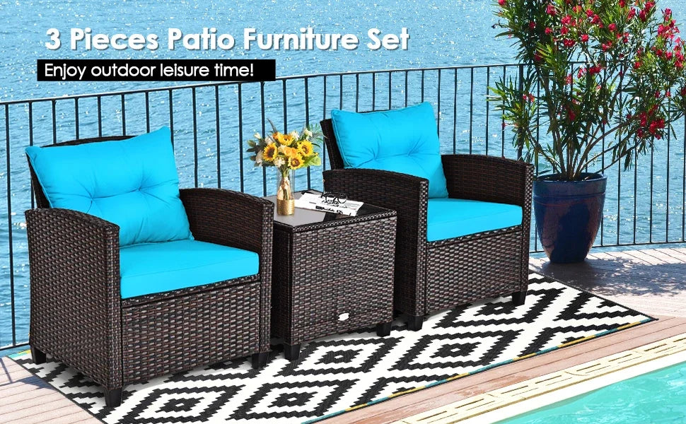 3 Pieces Patio Furniture Set, PE Rattan Wicker 3 Pcs Outdoor Sofa Set w/Washable Cushion and Tempered Glass Tabletop