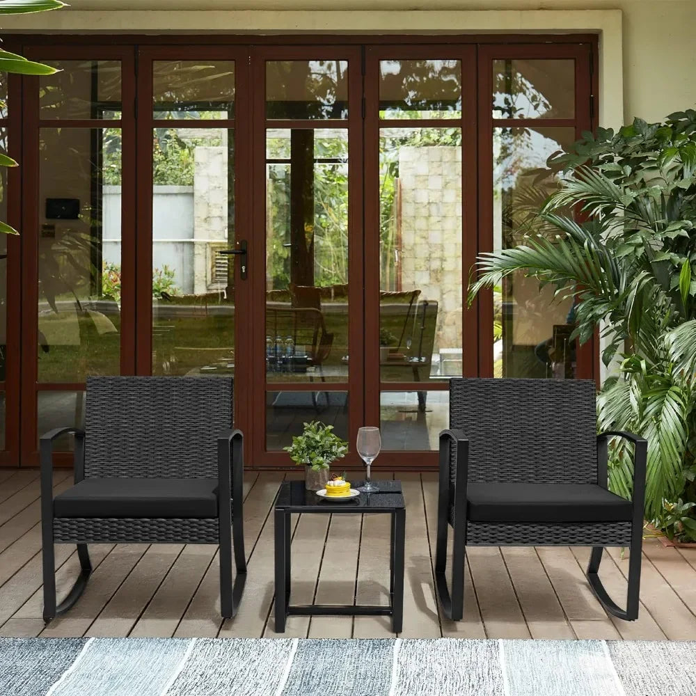 3-Piece Outdoor Furniture Set – Black Bistro Rocking Chairs & Glass Coffee Table