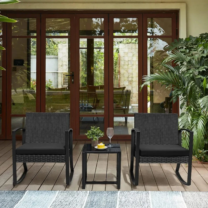 3-Piece Outdoor Furniture Set – Black Bistro Rocking Chairs & Glass Coffee Table