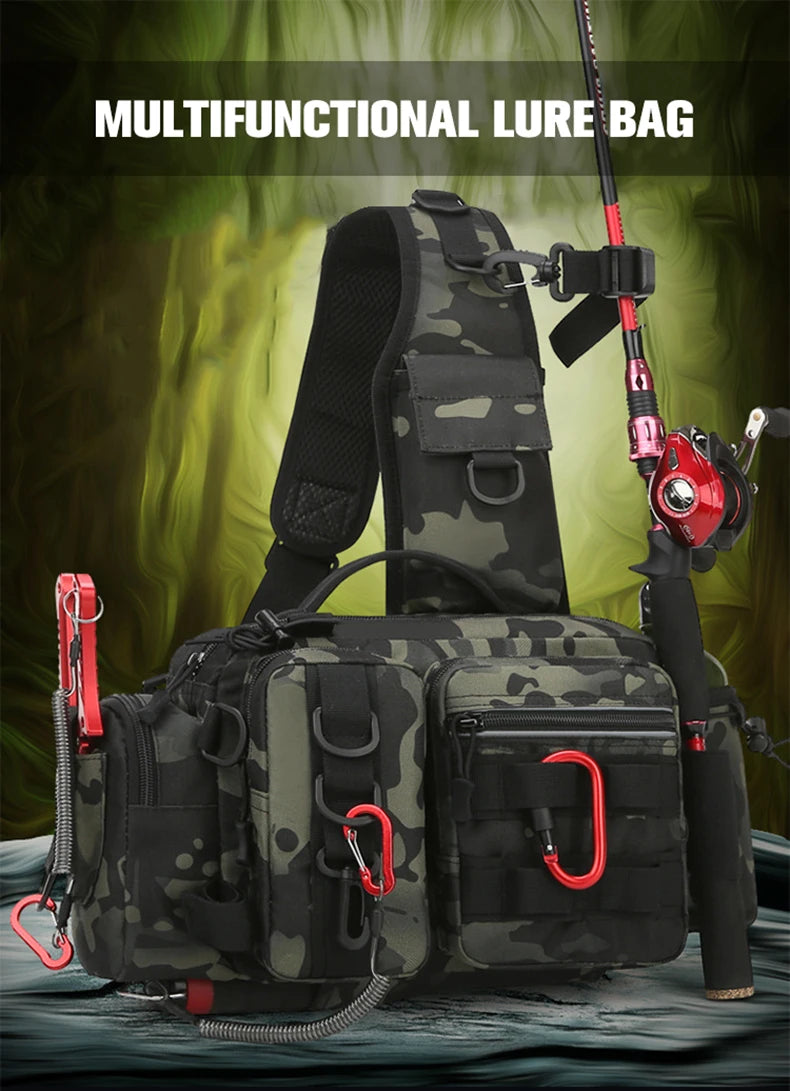 Fishing Tackle Backpack with Rod Holder – Sling Shoulder Gear Bag