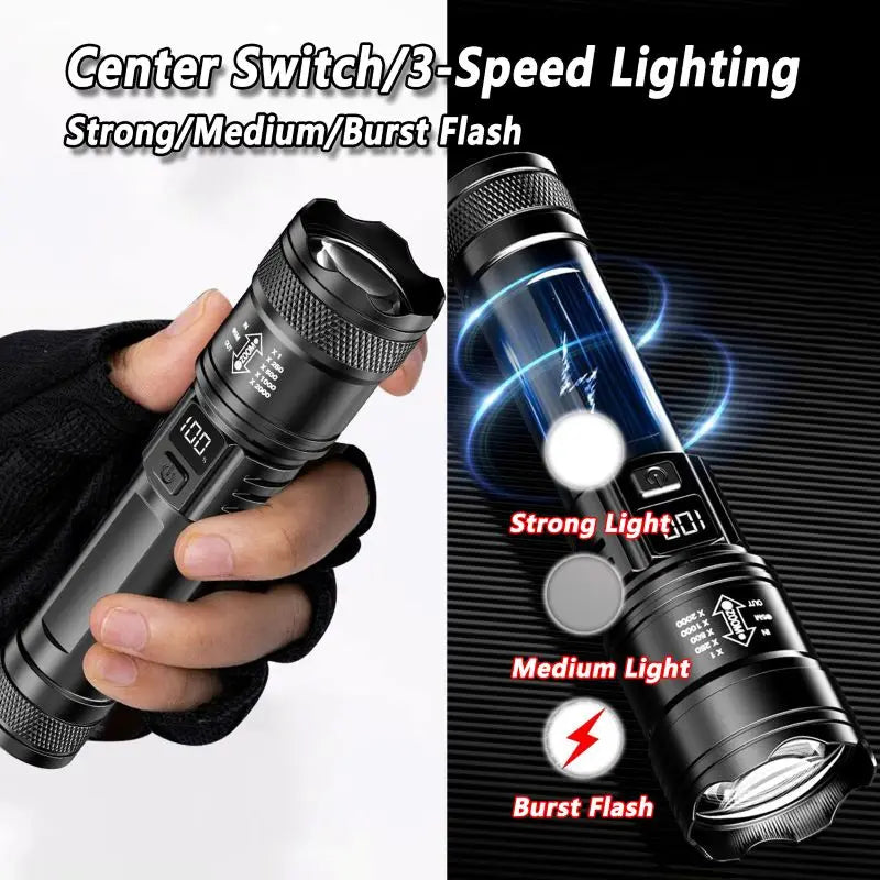 2000LM Tactical LED Flashlight – USB Rechargeable Zoom Torch with Display