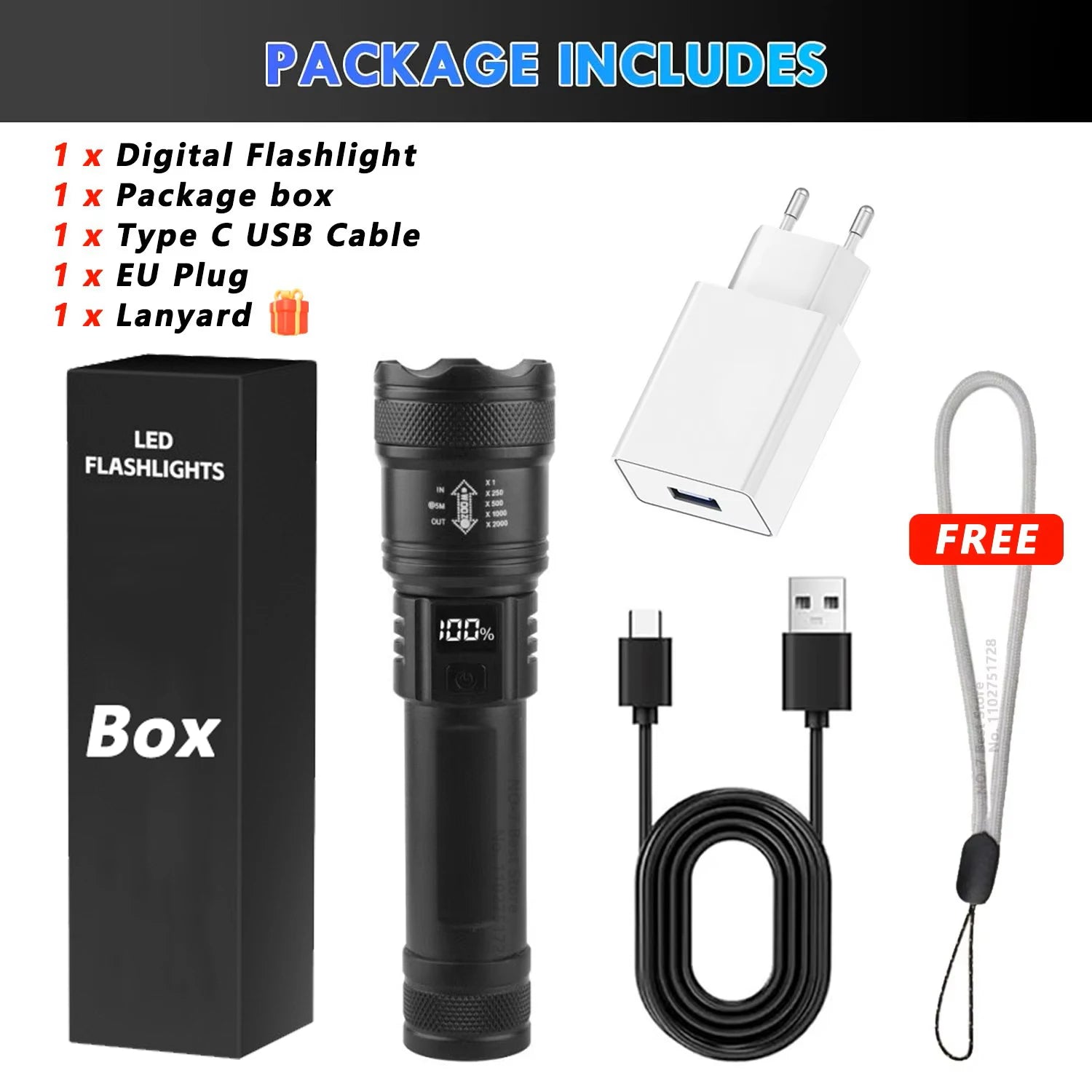 2000LM Tactical LED Flashlight – USB Rechargeable Zoom Torch with Display