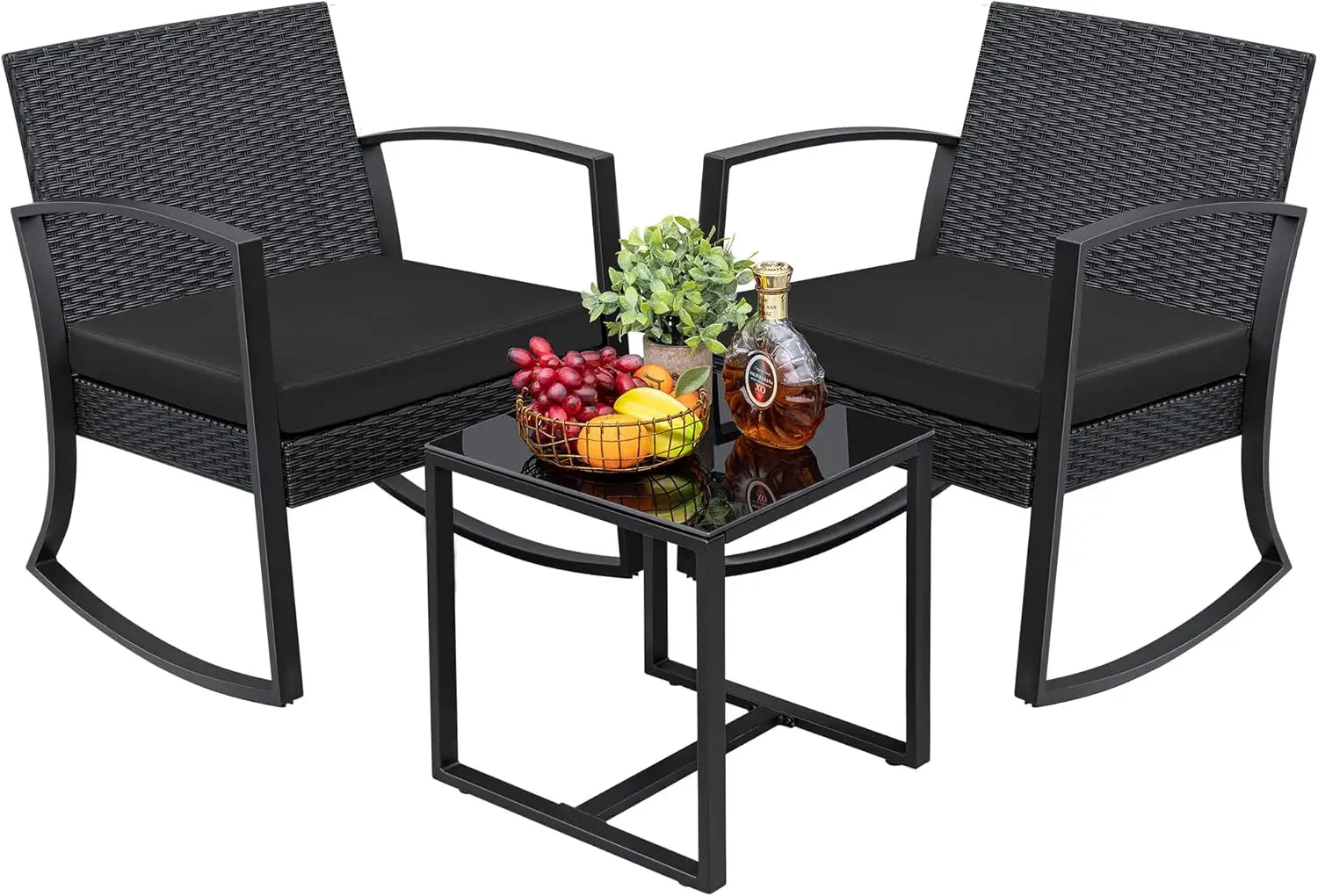 3-Piece Outdoor Furniture Set – Black Bistro Rocking Chairs & Glass Coffee Table