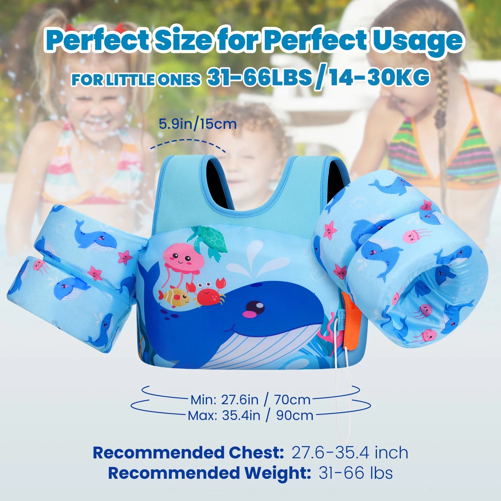Children’s Swim Life Vest with Arm Floats & Whistle