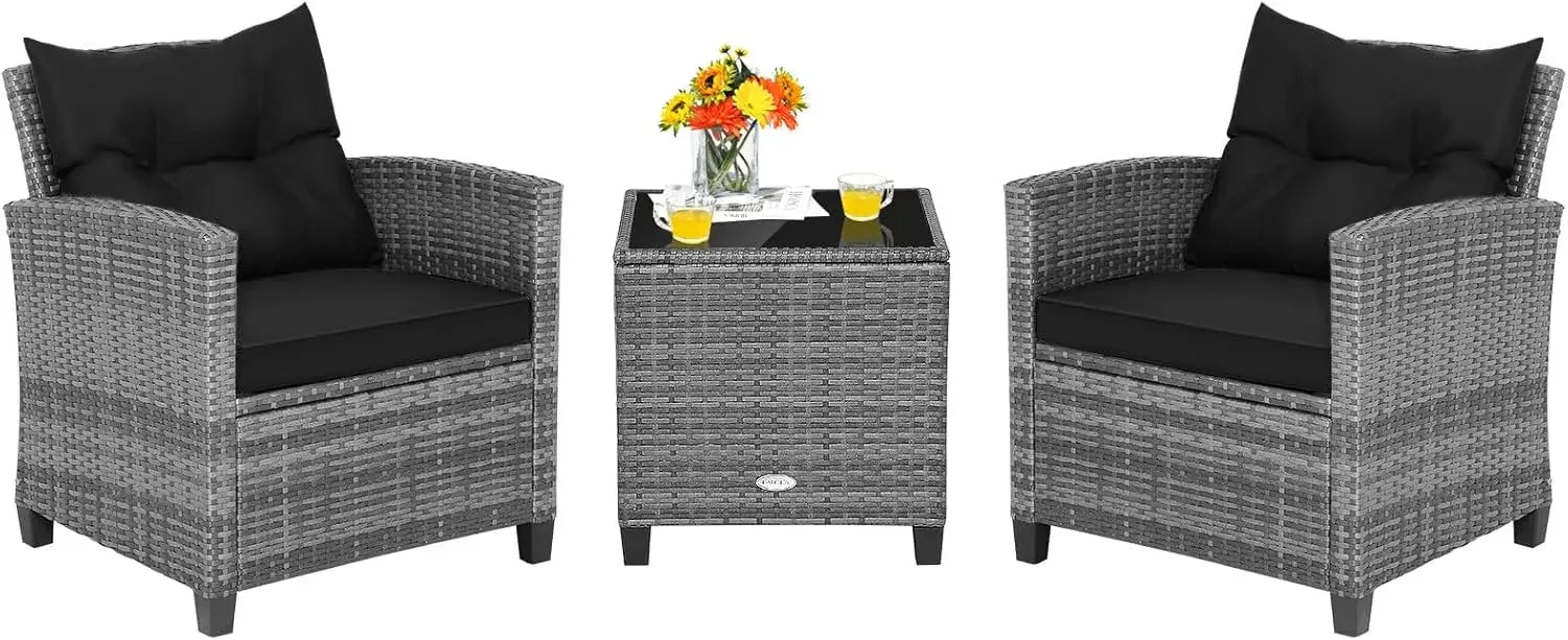 3 Pieces Patio Furniture Set, PE Rattan Wicker 3 Pcs Outdoor Sofa Set w/Washable Cushion and Tempered Glass Tabletop
