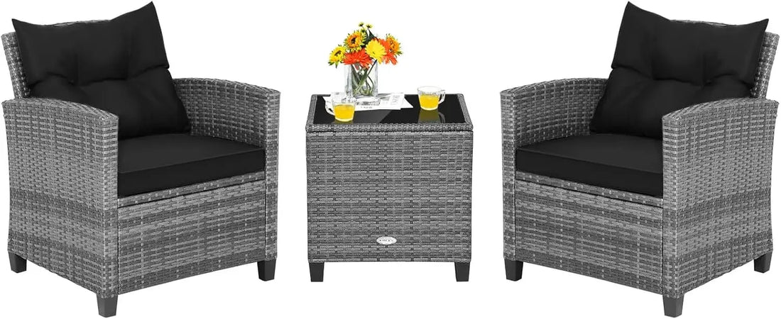 3 Pieces Patio Furniture Set, PE Rattan Wicker 3 Pcs Outdoor Sofa Set w/Washable Cushion and Tempered Glass Tabletop