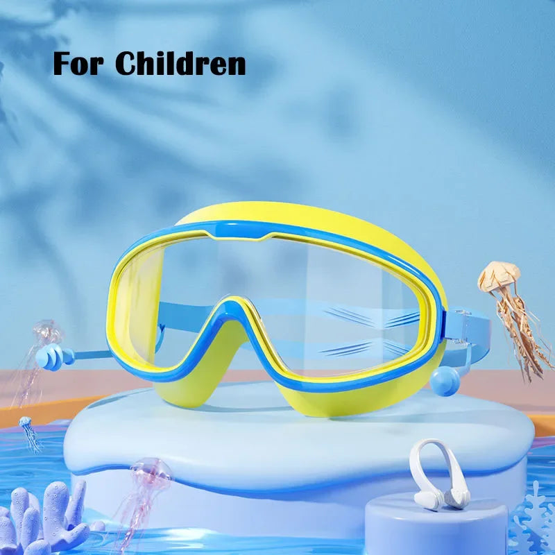 Big Frame Swimming Goggles with Earplugs – Anti-Fog, No-Leak, Wide View for Kids & Adults