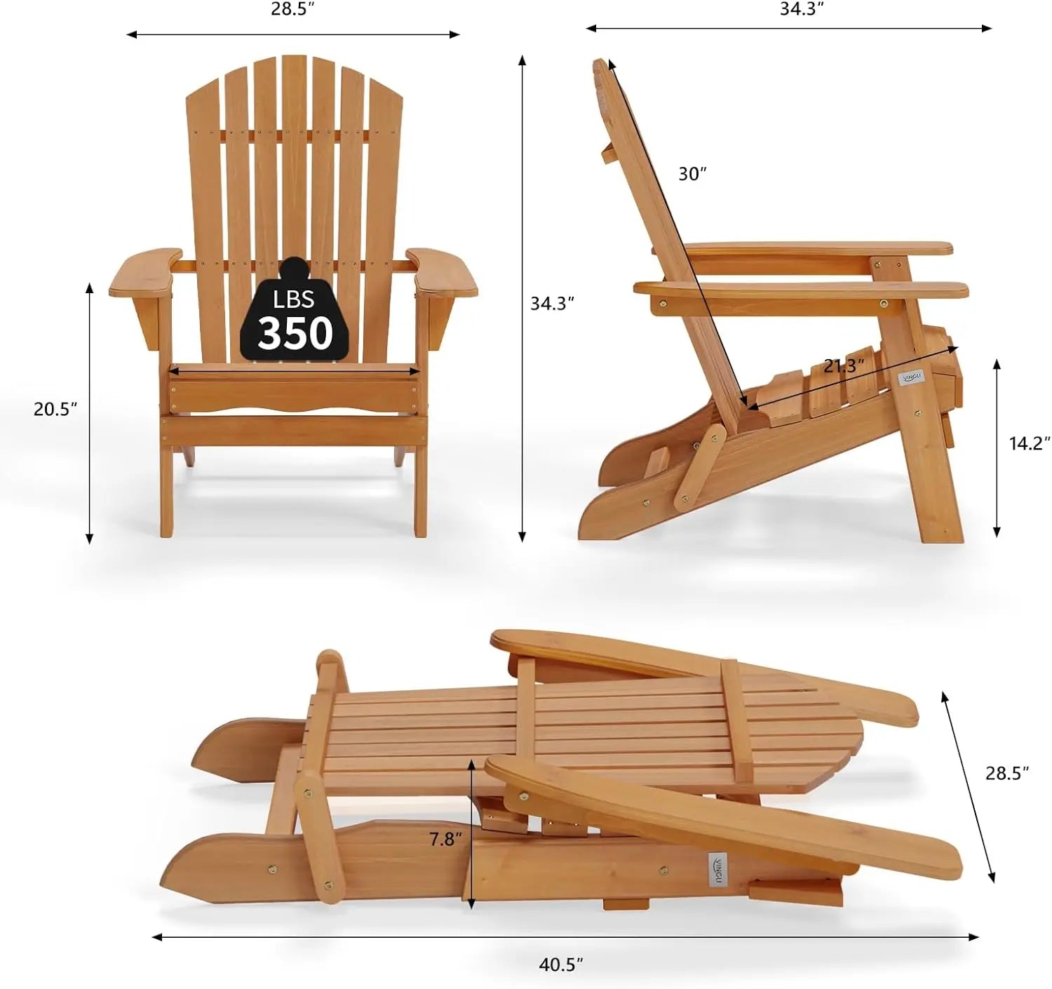 Folding Wooden Adirondack Chair for Patio, Porch, Fire Pit & Outdoor Use