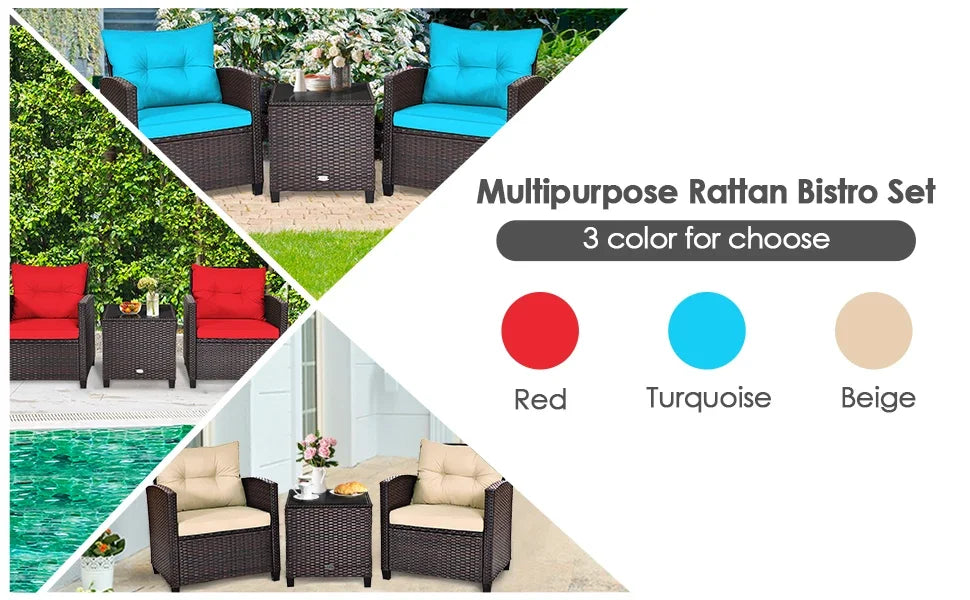 3 Pieces Patio Furniture Set, PE Rattan Wicker 3 Pcs Outdoor Sofa Set w/Washable Cushion and Tempered Glass Tabletop