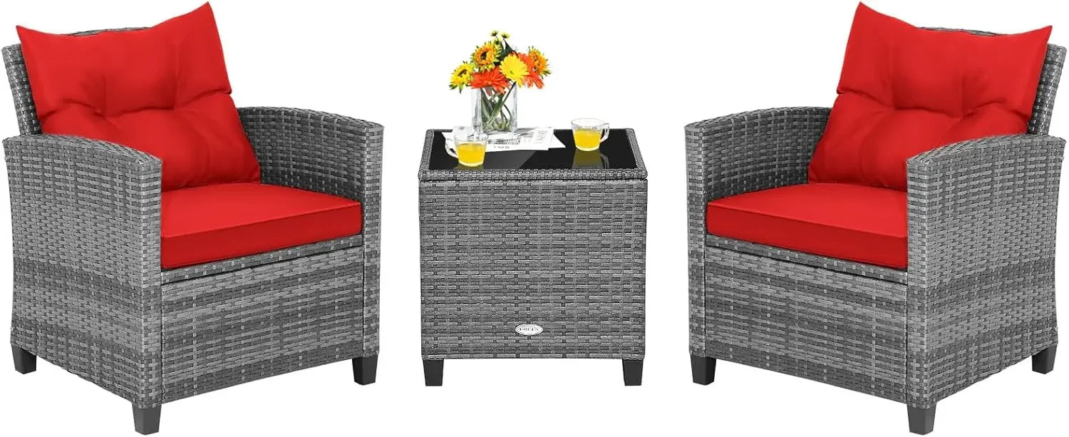 3 Pieces Patio Furniture Set, PE Rattan Wicker 3 Pcs Outdoor Sofa Set w/Washable Cushion and Tempered Glass Tabletop