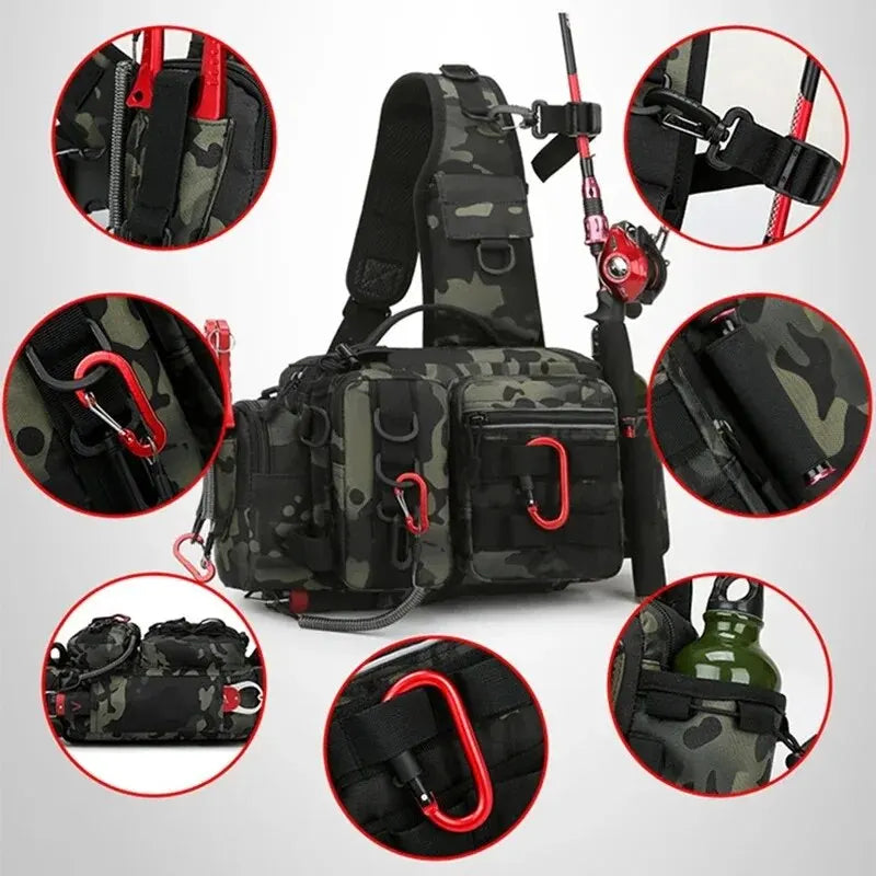 Fishing Tackle Backpack with Rod Holder – Sling Shoulder Gear Bag