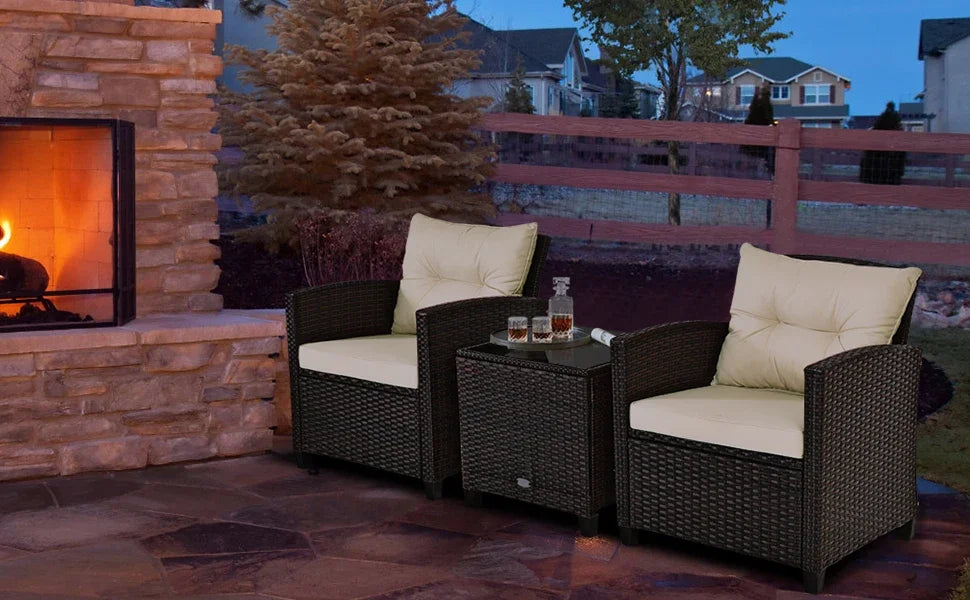 3 Pieces Patio Furniture Set, PE Rattan Wicker 3 Pcs Outdoor Sofa Set w/Washable Cushion and Tempered Glass Tabletop