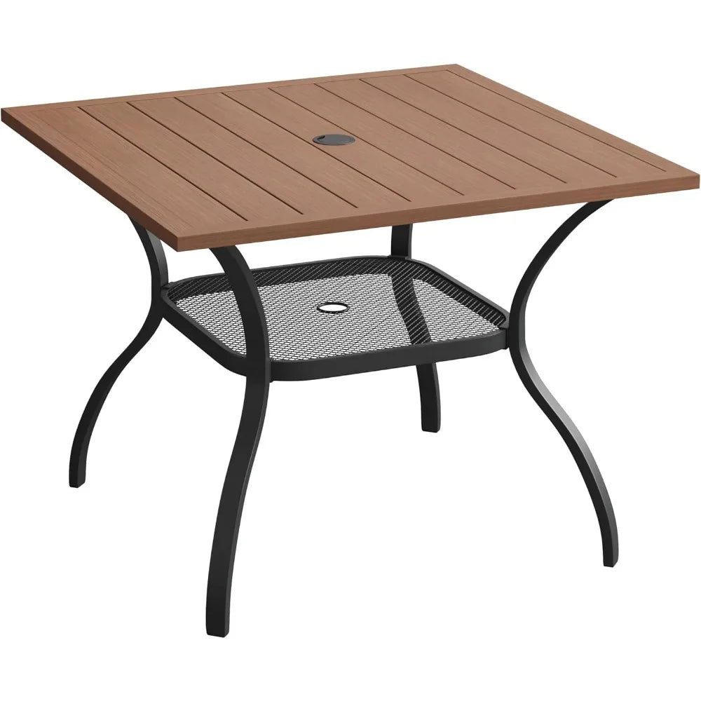 Square Outdoor Patio Dining Table with Wood-Like Top – Weather-Resistant Metal Frame