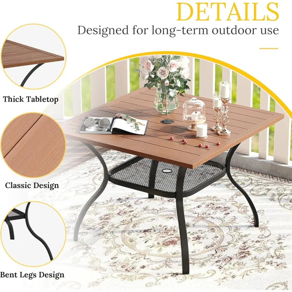 Square Outdoor Patio Dining Table with Wood-Like Top – Weather-Resistant Metal Frame