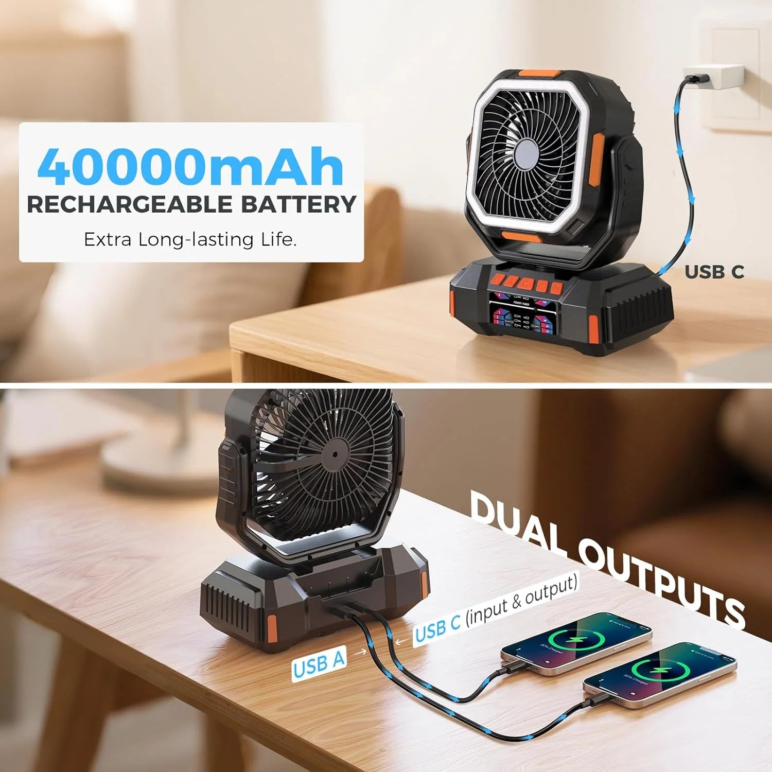 40000mAh Rechargeable Camping Fan – Portable Air Circulator with LED & Power Bank