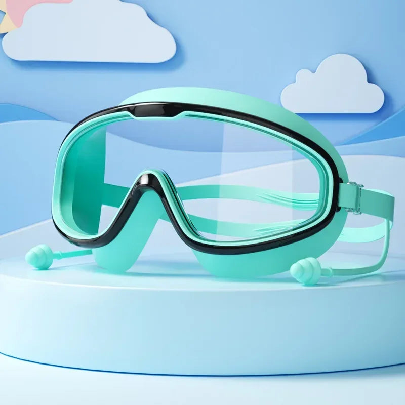 Big Frame Swimming Goggles with Earplugs – Anti-Fog, No-Leak, Wide View for Kids & Adults