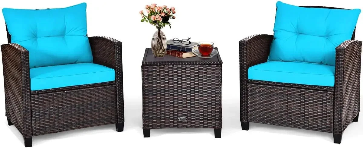 3 Pieces Patio Furniture Set, PE Rattan Wicker 3 Pcs Outdoor Sofa Set w/Washable Cushion and Tempered Glass Tabletop