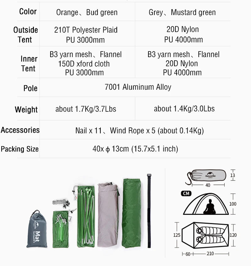 Naturehike Cloud Up 2 Tent – Ultralight Waterproof Camping & Hiking Shelter
