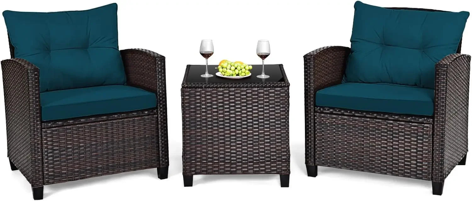3 Pieces Patio Furniture Set, PE Rattan Wicker 3 Pcs Outdoor Sofa Set w/Washable Cushion and Tempered Glass Tabletop
