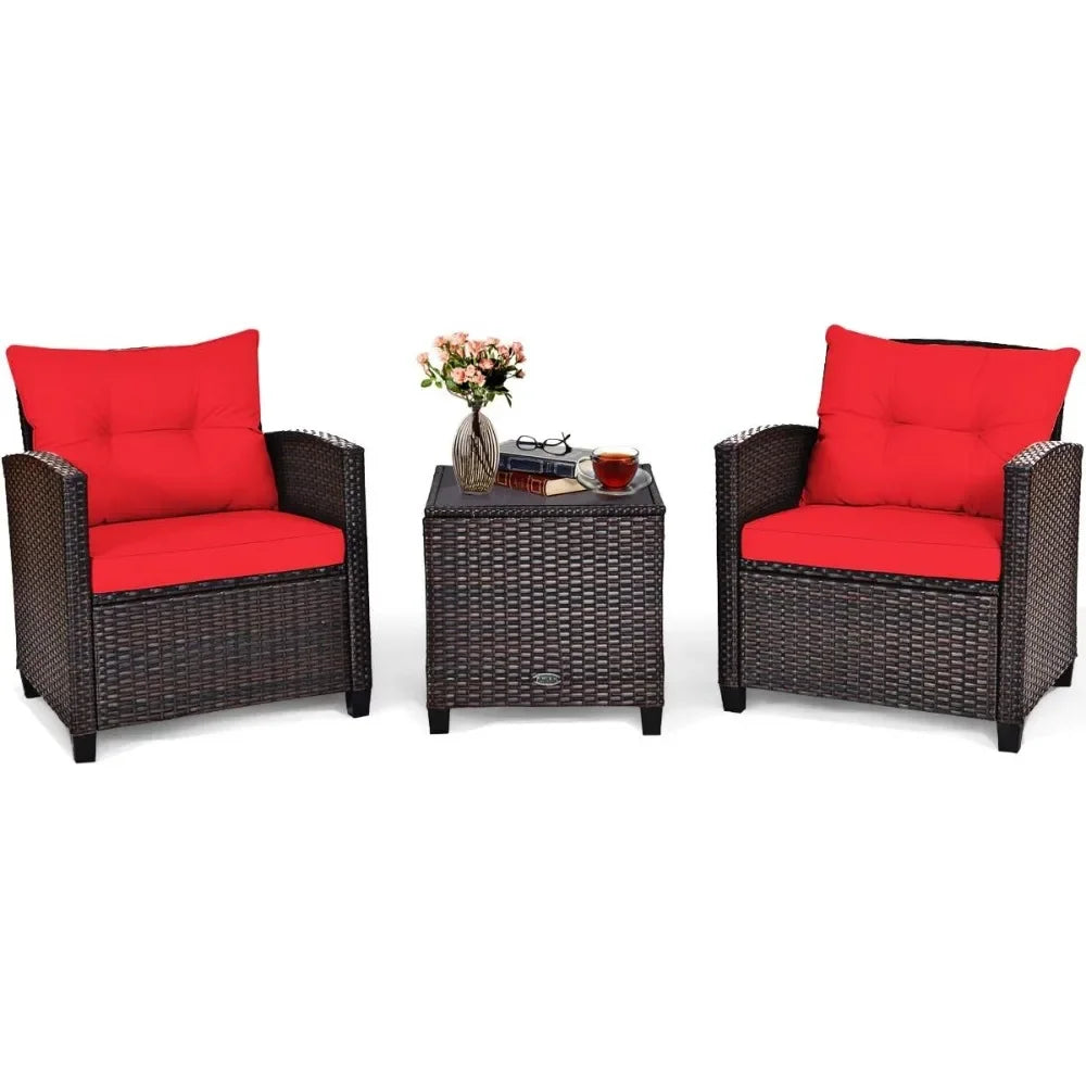3 Pieces Patio Furniture Set, PE Rattan Wicker 3 Pcs Outdoor Sofa Set w/Washable Cushion and Tempered Glass Tabletop