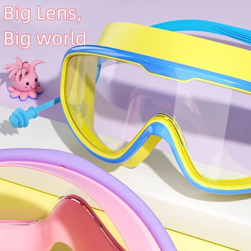 Big Frame Swimming Goggles with Earplugs – Anti-Fog, No-Leak, Wide View for Kids & Adults