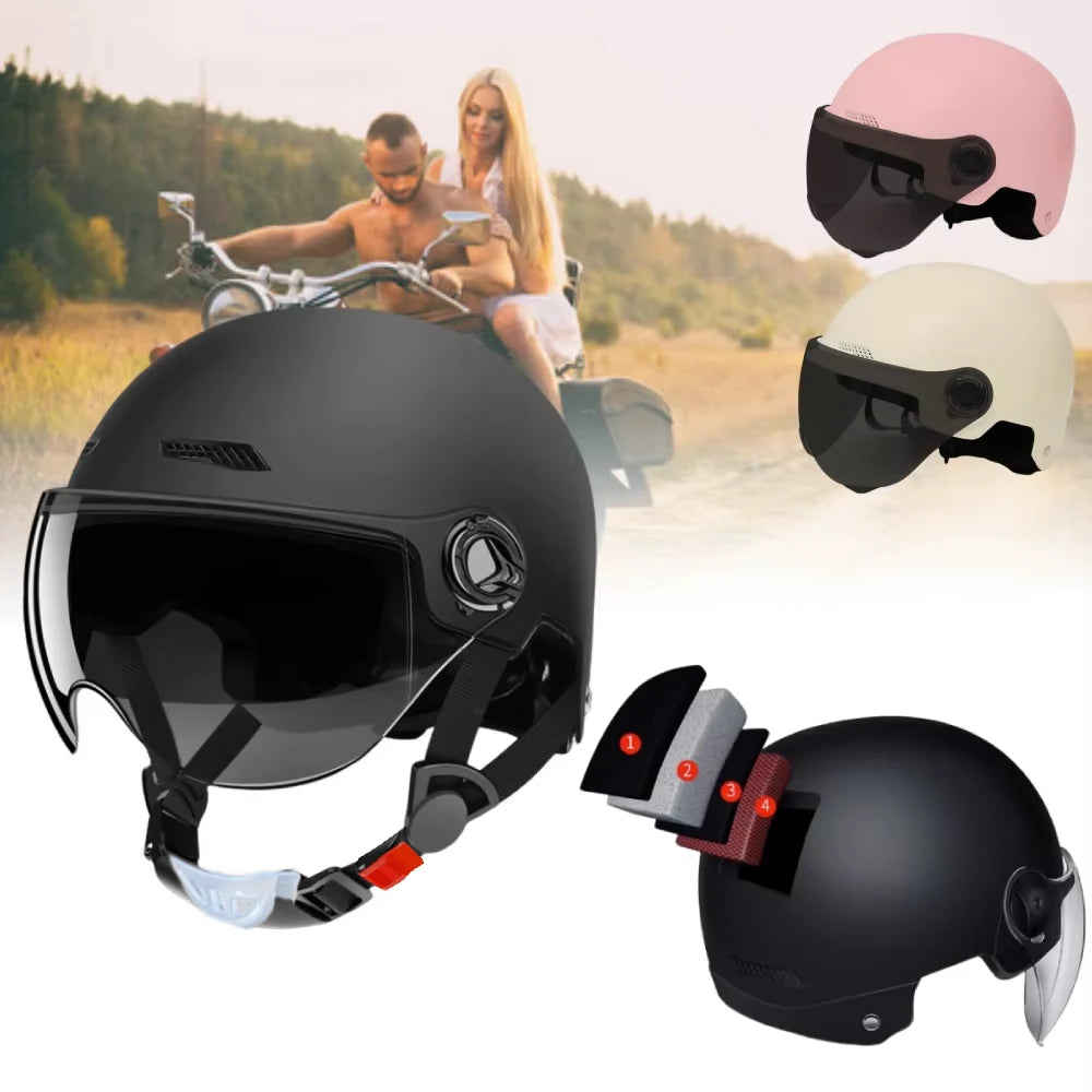 Electric Motorcycle Open-Face Helmet with Goggles – Anti-UV Safety Cap for Men & Women