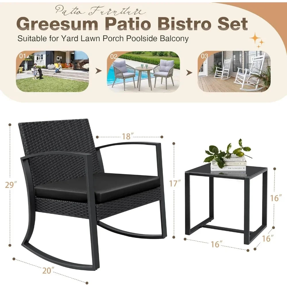 3-Piece Outdoor Furniture Set – Black Bistro Rocking Chairs & Glass Coffee Table