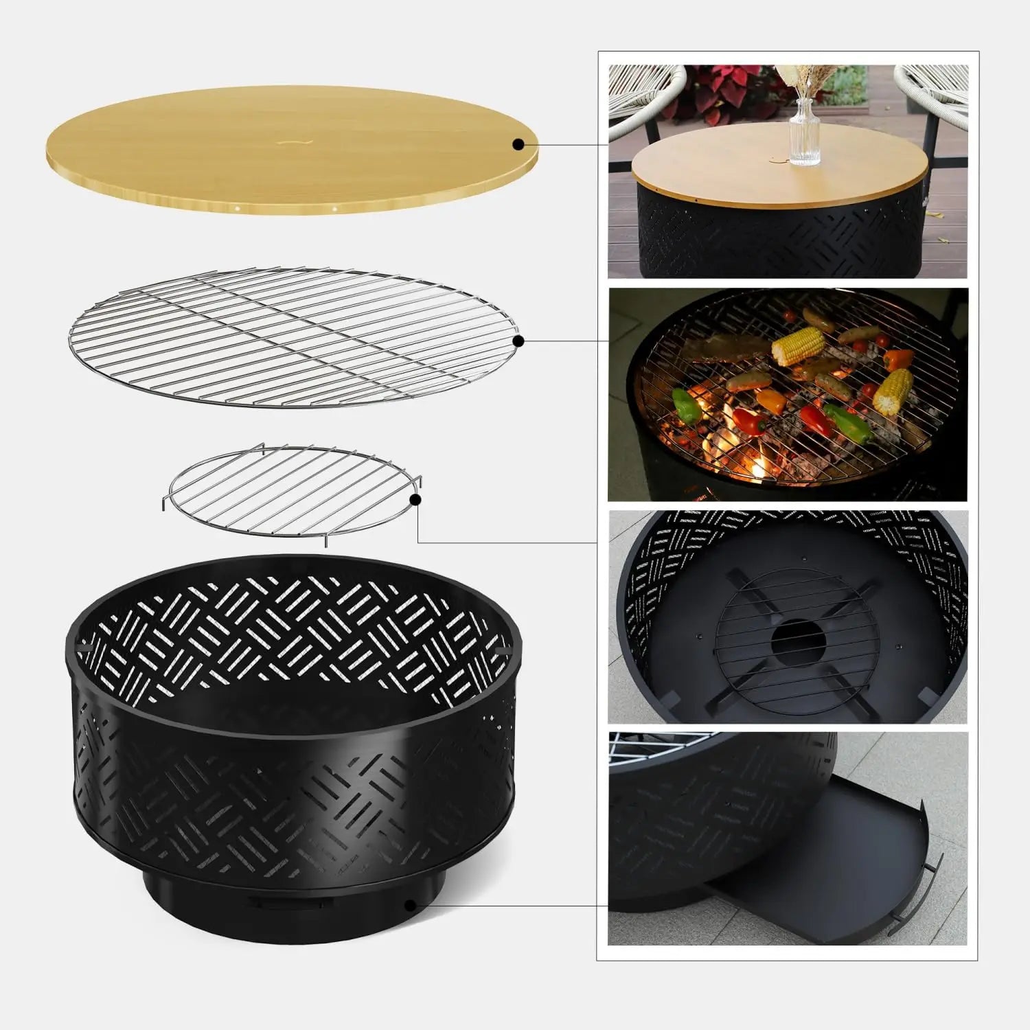 26" Wood Burning Fire Pit Table with Grill, Lid & Waterproof Cover