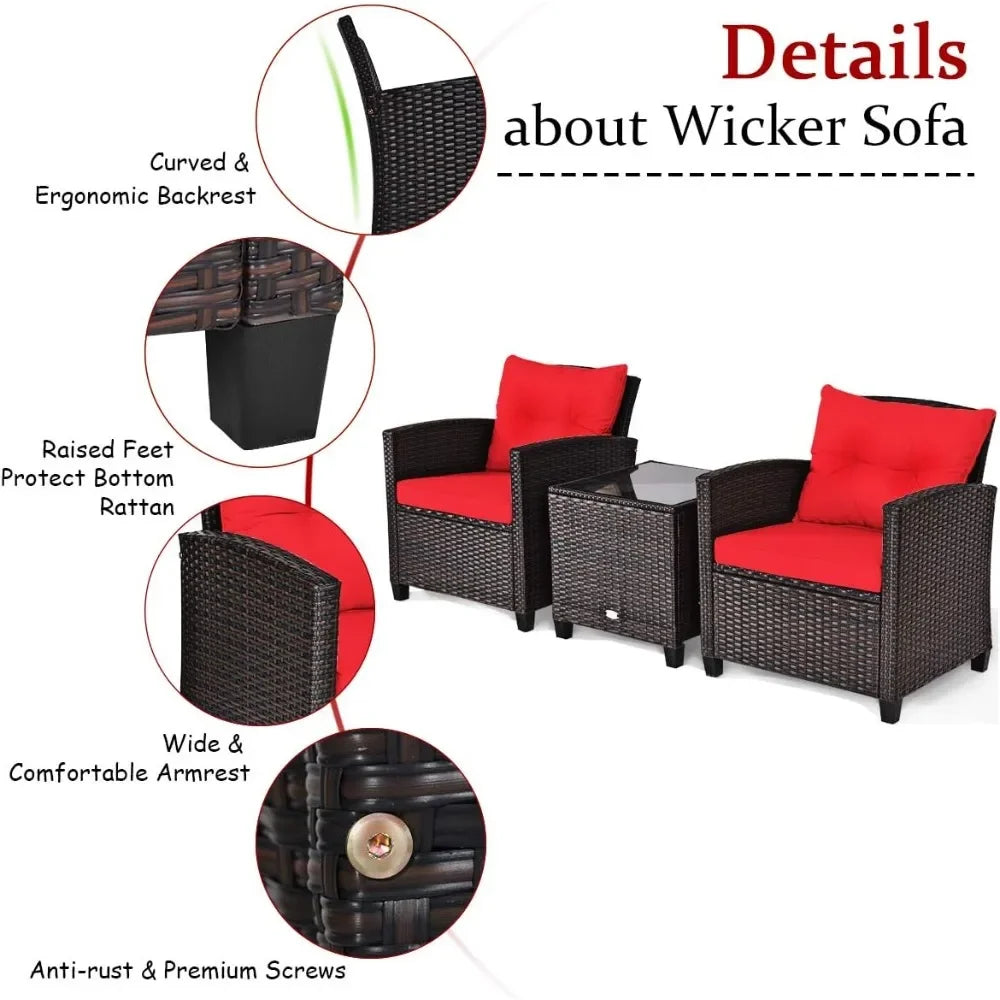 3 Pieces Patio Furniture Set, PE Rattan Wicker 3 Pcs Outdoor Sofa Set w/Washable Cushion and Tempered Glass Tabletop