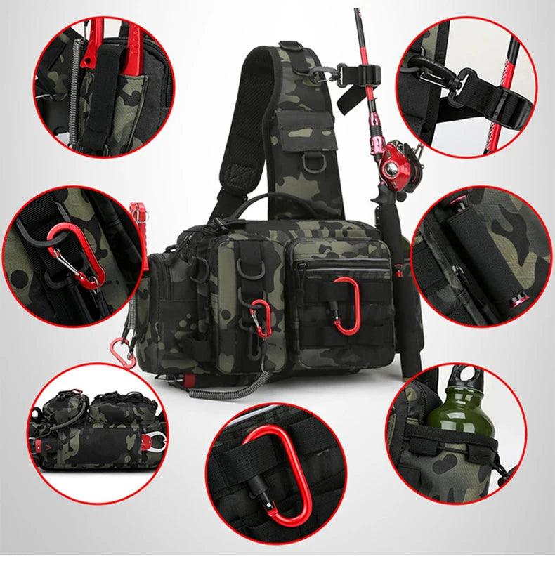 Fishing Tackle Backpack with Rod Holder – Sling Shoulder Gear Bag