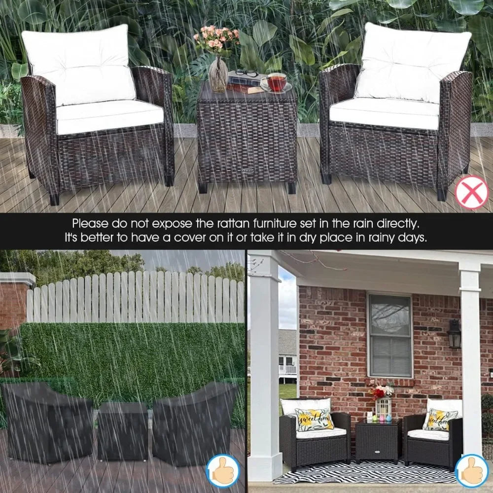 3 Pieces Patio Furniture Set, PE Rattan Wicker 3 Pcs Outdoor Sofa Set w/Washable Cushion and Tempered Glass Tabletop